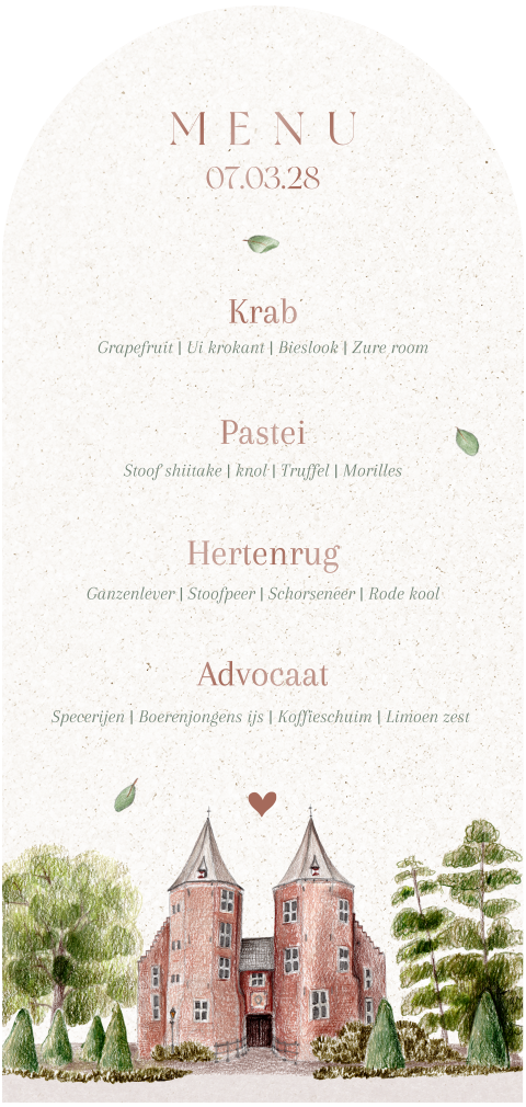 Menu trouwlocatie blaadjes groen bruin