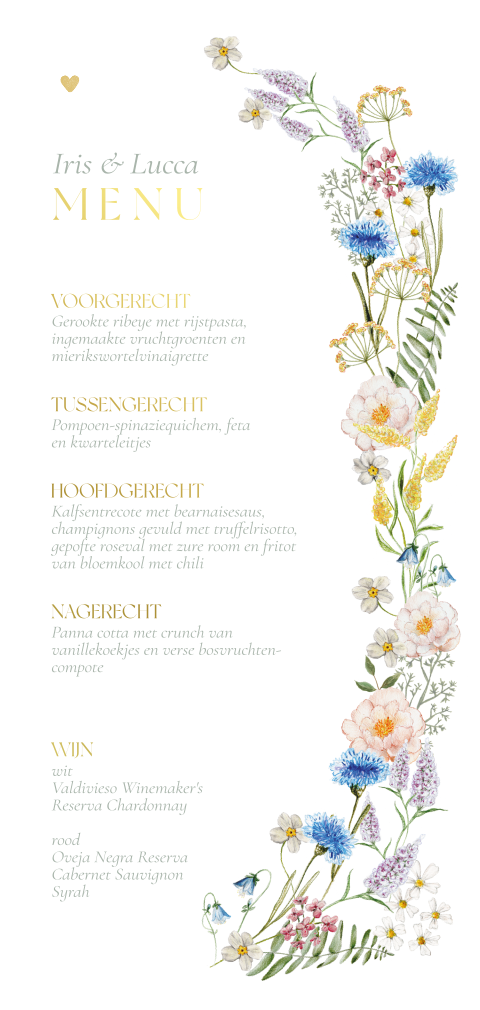 Kleurrijke menukaart met bloemenrand goud blauw