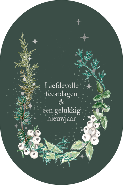 kerstkaart winterkrans takje folie originele vorm ovaal