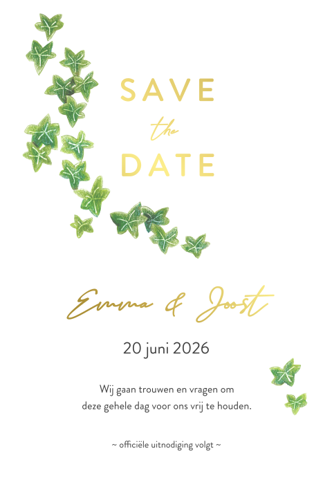 save the date met groene klimop blaadjes