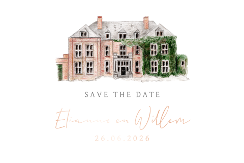 Stijlvolle save the date trouwlocatie met rosefolie