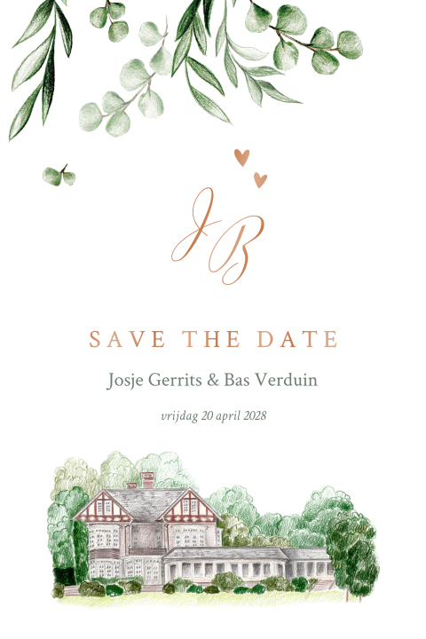save the date trouwlocatie met blaadjes en goudfolie