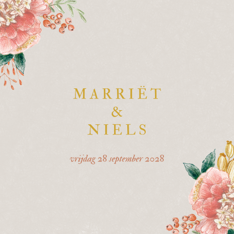Trouwkaart klassiek getekend Bloemen beige