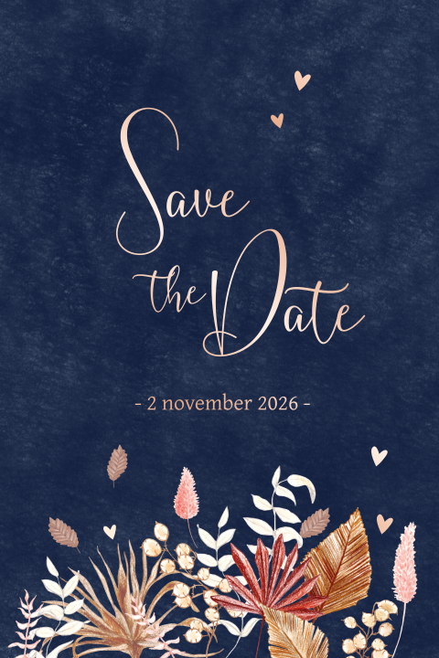 Donkerblauwe save the date rosefolie droogbloemen