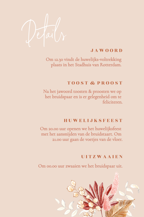 extra informatie kaartje droogbloemen palmblad getekend