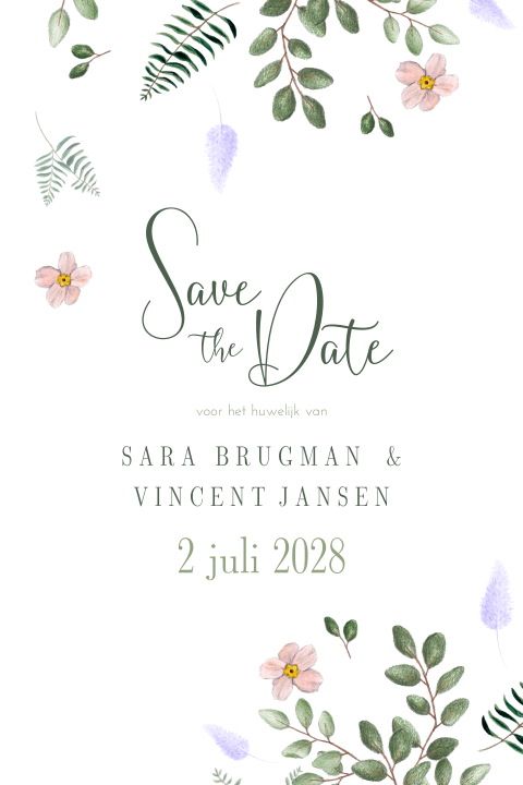 romantische save the date met pastel bloemen en blaadjes
