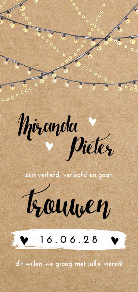 Feestelijke Trouwkaart met tijdslijn en lampjes