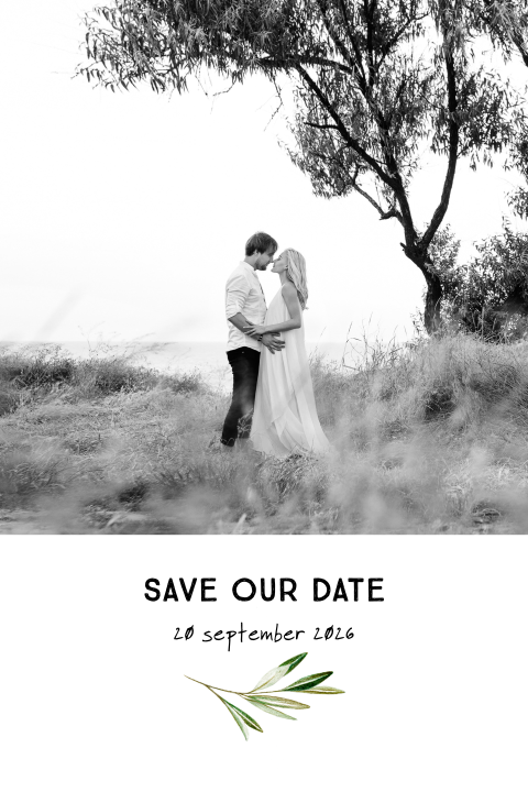 Save the date met stoere olijf takjes en foto