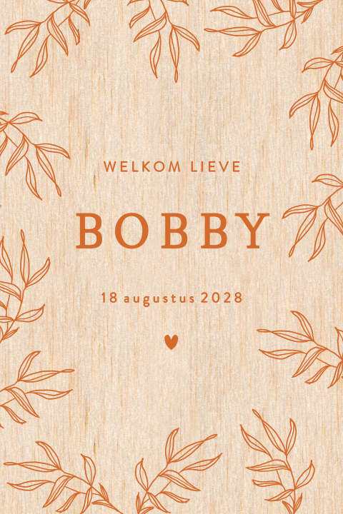 Geboortekaartje hout blaadjes getekend unisex
