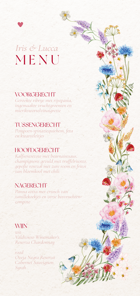 Kleurrijke menukaart met bloemenrand rood blauw