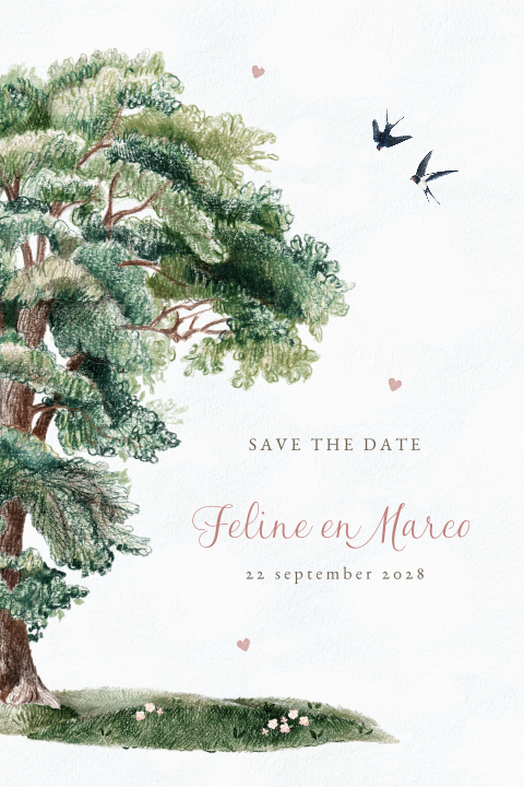 Romantische save the date kaart met boom en zwaluwen