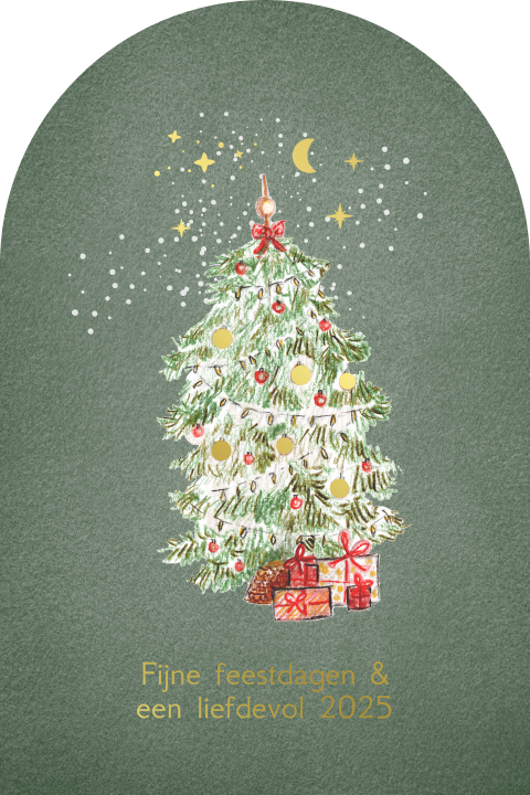 kerstkaart kerstboom pakketjes sterren folie originele vorm boog