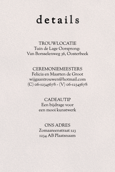extra informatie kaartje velvet look met zwartfolie kalligrafie