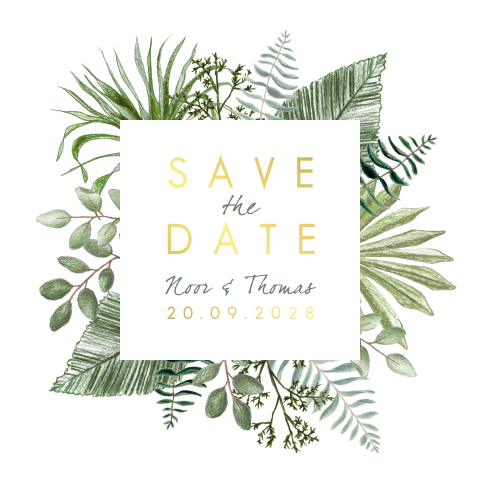Moderne trendy save the date met botanische bladeren