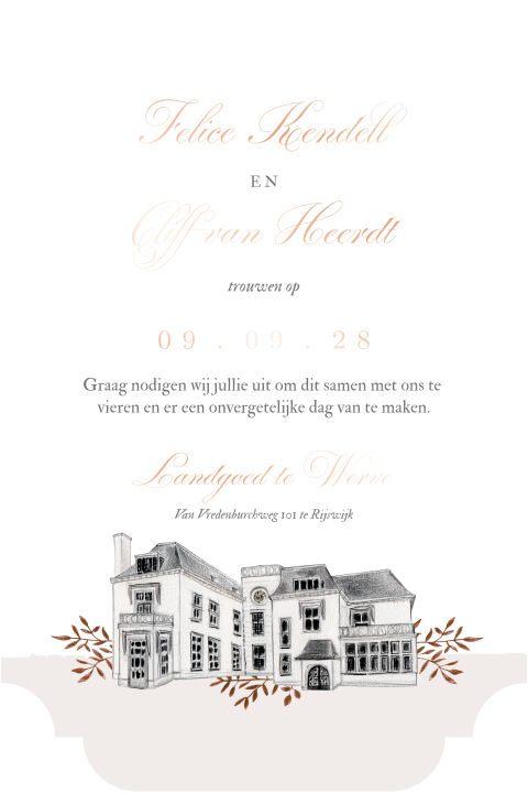 Trouwkaart trouwlocatie landgoed te werve klassieke vorm rosefolie