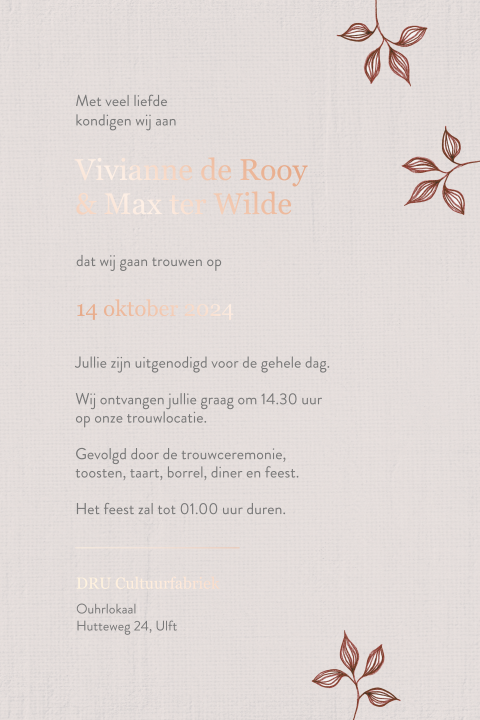 Trouwkaart bordeaux takjes folie blush