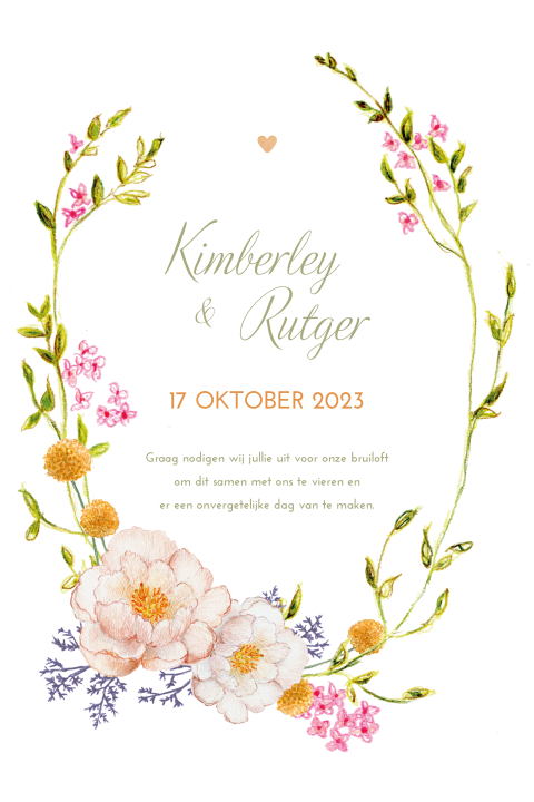 Trouwkaart zomer krans pastel groene takjes