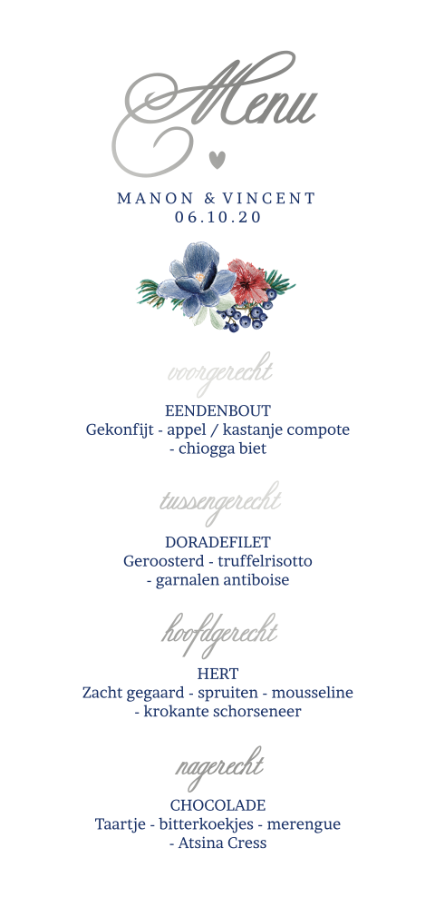 Menukaart klassiek winter blauw rood zilverfolie