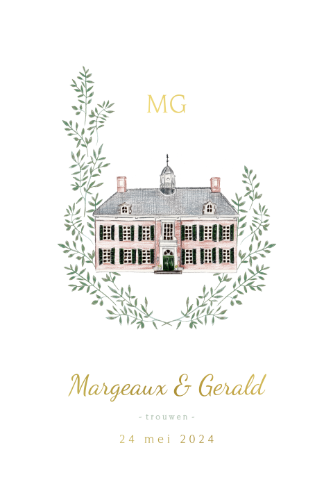 Trouwkaart trouwlocatie kasteel oosterhof krans groen goudfolie