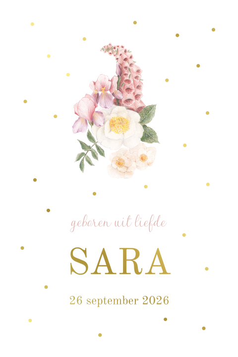Geboortekaartje bloemen getekend roze meisje folie