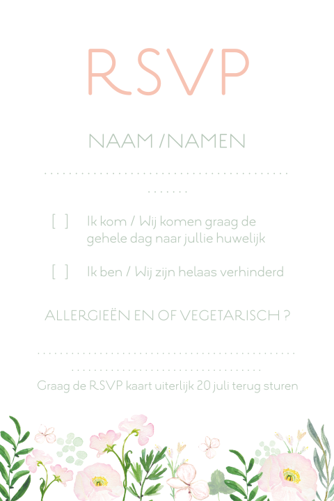 Stijlvolle rsvp kaart met sfeervolle bloemen