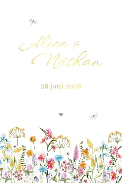 Trouwkaart getekende veldbloemen libelle goudfolie