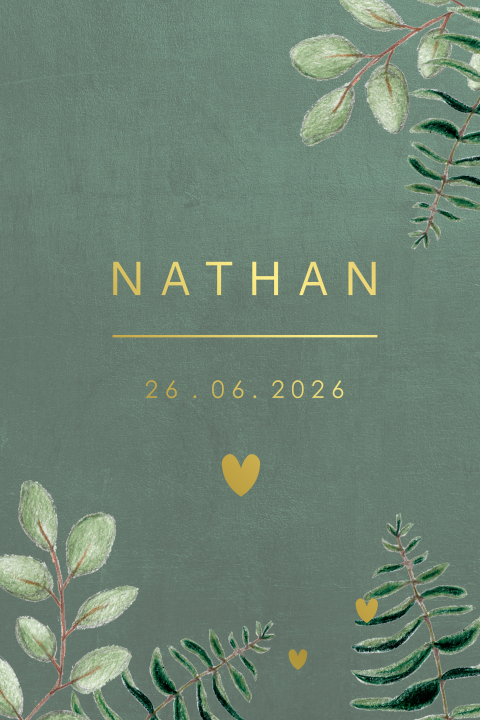 Geboortekaartje Goudfolie Botanisch Jongen Groen hartje