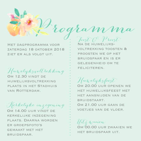 Programma kaartje waterverf bloemen 