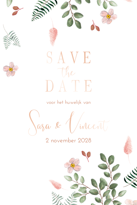 romantische save the date roest bloemen blaadjes