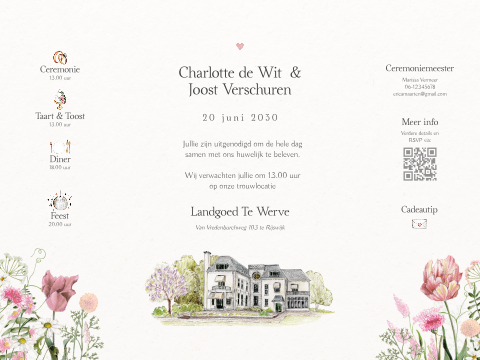Luikvouw trouwkaart illustratie van trouwlocatie en botanische bloemen
