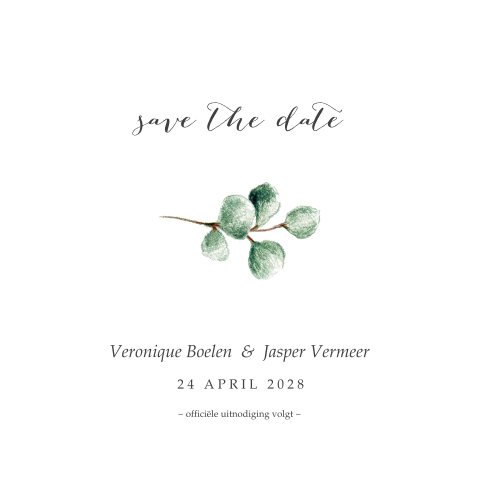 minimalistische save the date met eucalyptus