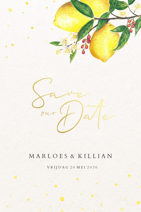 Vrolijke save the date met getekende citroenen en spetters