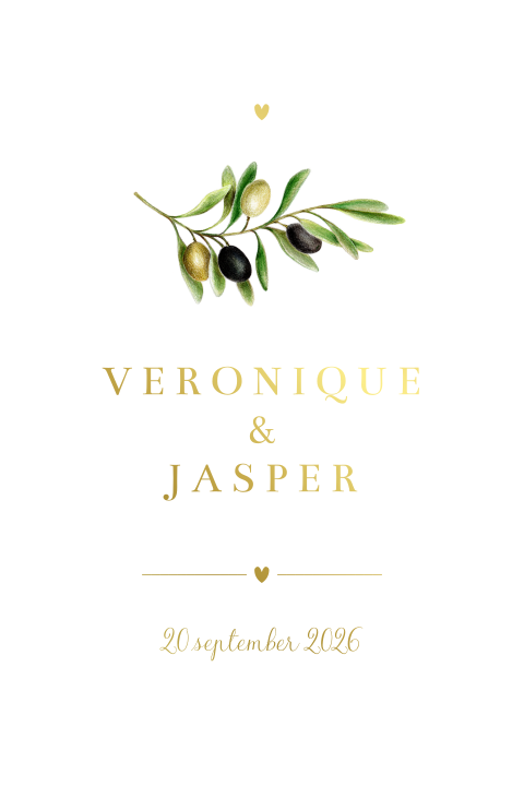 Trouwkaart getekend olijftakje goudfolie hartje