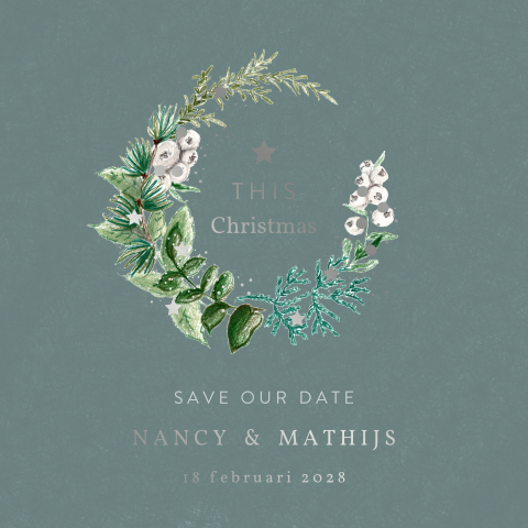 kerst save the date kaart getekende krans folie winterkrans