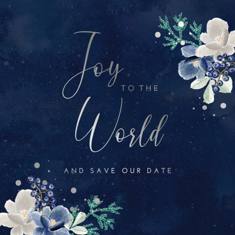 kerst save the date Bloemen takjes blauw zilver folie