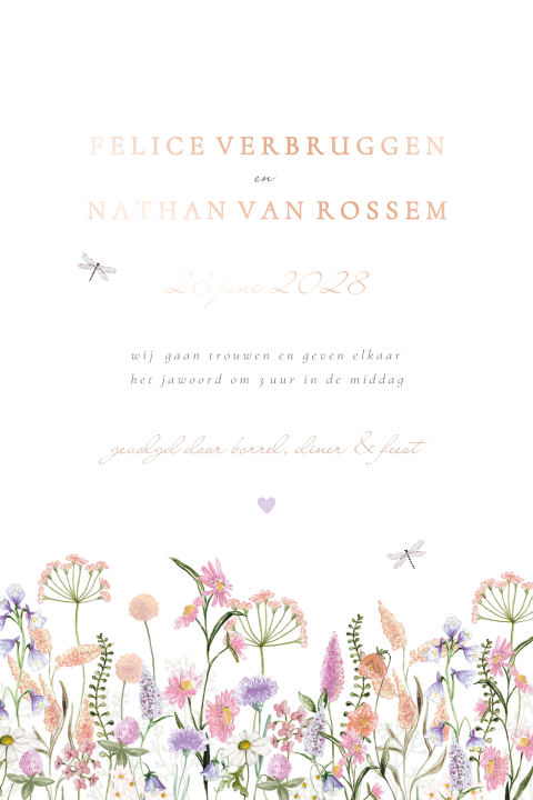 Trouwkaart veldbloemen lila perzik roze