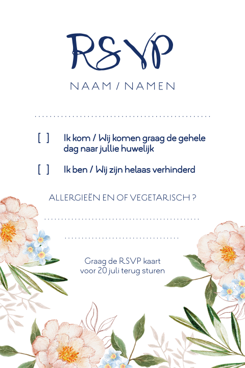 Stijlvolle rsvp kaart pastel getekende bloemen