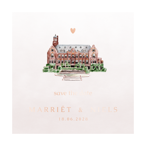 Save the date kaart trouwlocatie rosefolie kader hartje