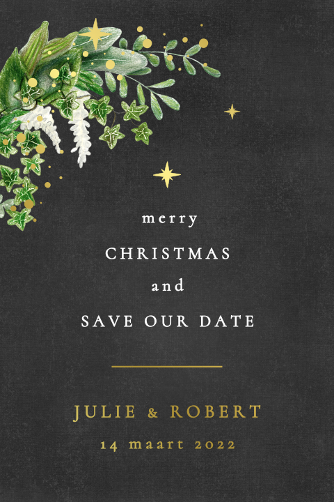 Kerst Save the date botanisch modern blaadjes groen goudfolie