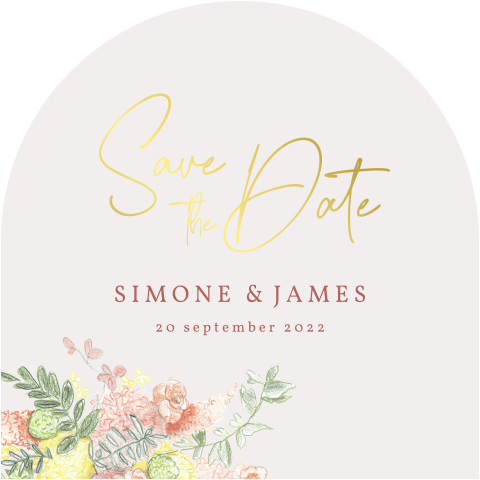 save the date kaart getekende bloemen met goudfolie in boog vorm