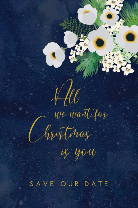 Kerst Save the date Bloemen Donkerblauw Goudlook