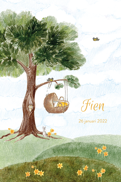 geboorteposter-meisje-boom-wiegje-landschap-dieren