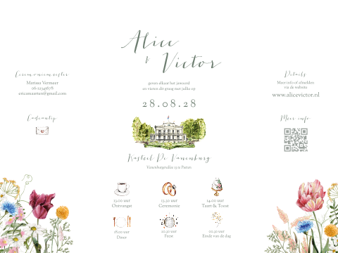 Luikvouw trouwkaart met wilde bloemen en illustratie van trouwlocatie