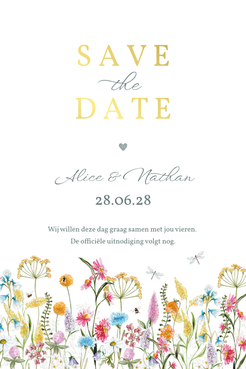 Save the date getekende veldbloemen kalkpapier