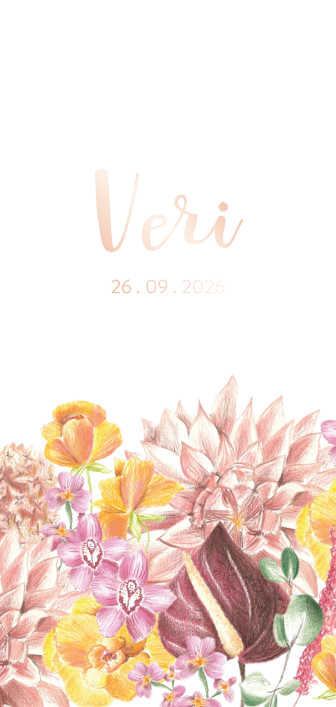 Geboortekaartje bloemen illustratie roze meisje folie