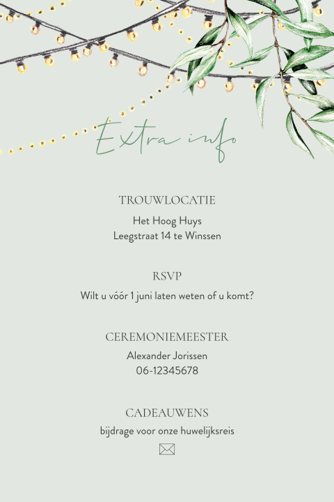 Feestelijke inlegkaart met lampjes en olijftakjes