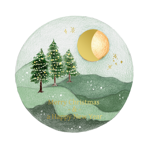 kerstkaart landschap kerstboom folie originele vorm rond