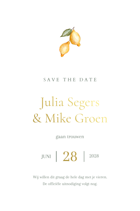 Save the date kaart kalkpapier citroentjes goudfolie