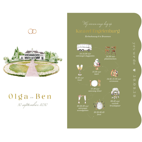 Trouwkaart set trouwlocatie engelenburg golfvorm groen