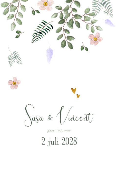 romantische trouwkaart met pastel bloemen en blaadjes